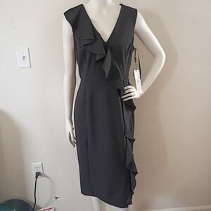 Calvin Klein Ruffle Front Asymmetrical Sheath Black Dress Women's Sz 6